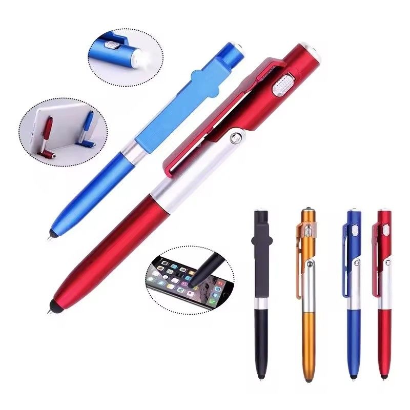 2pcs/lot  4 In 1 Multifunction Ballpoint Pen with LED Light Fold Phone Holder Night Read Writing Pencil Office School Student Stationery