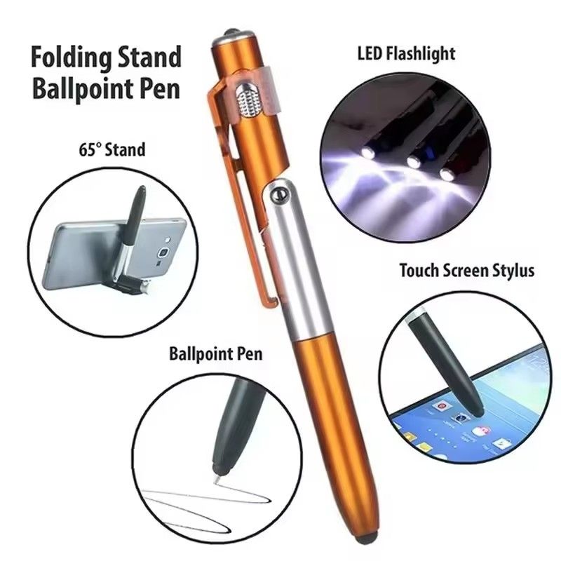 2pcs/lot  4 In 1 Multifunction Ballpoint Pen with LED Light Fold Phone Holder Night Read Writing Pencil Office School Student Stationery