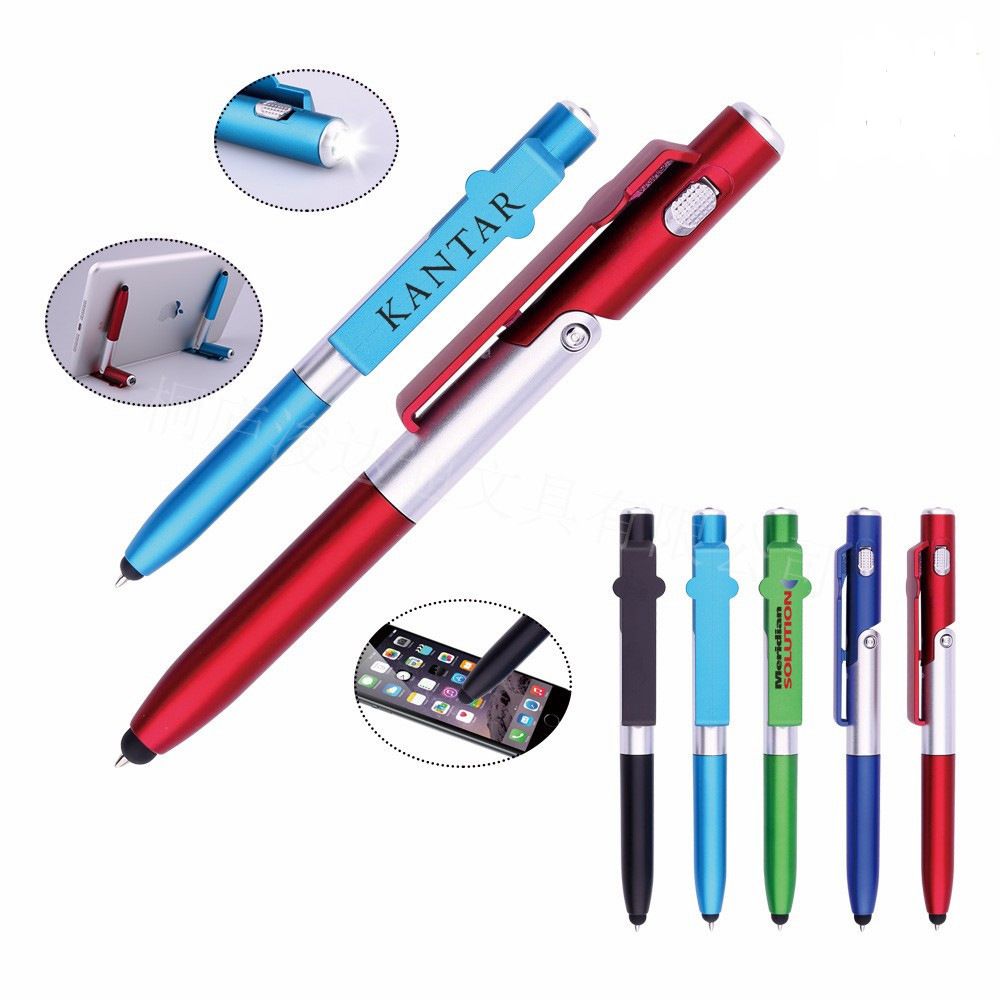 2pcs/lot  4 In 1 Multifunction Ballpoint Pen with LED Light Fold Phone Holder Night Read Writing Pencil Office School Student Stationery