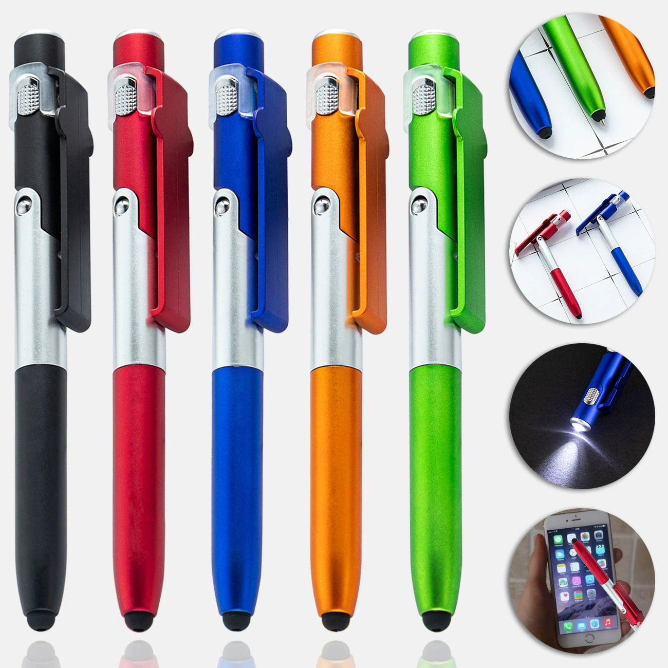 2pcs/lot  4 In 1 Multifunction Ballpoint Pen with LED Light Fold Phone Holder Night Read Writing Pencil Office School Student Stationery