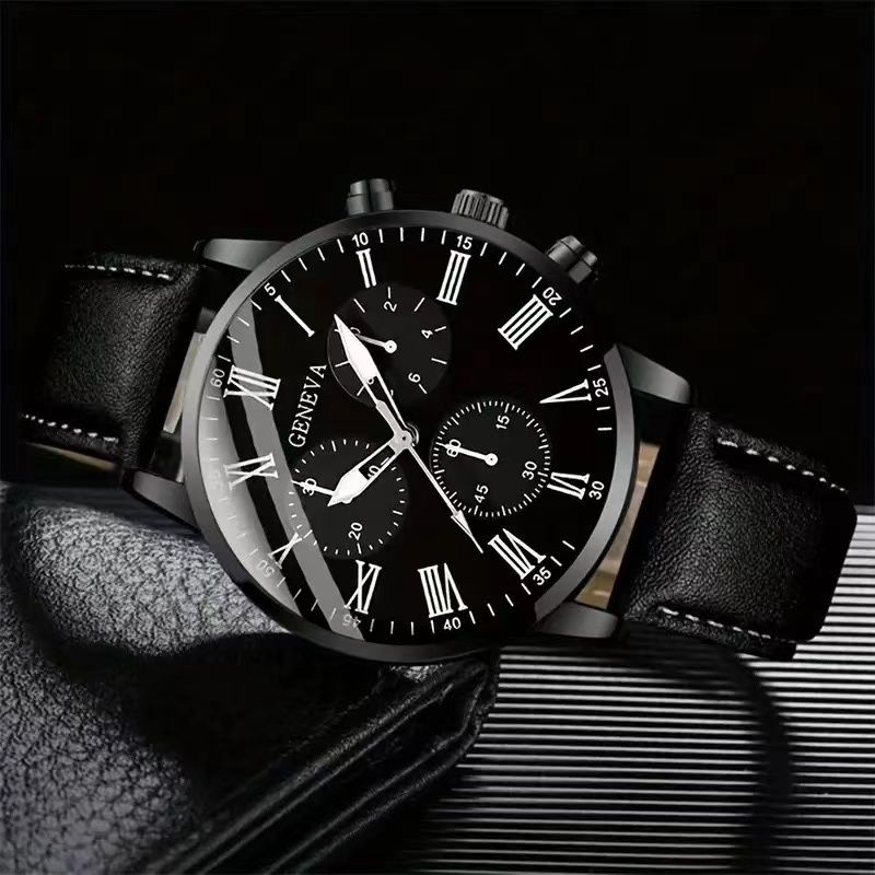 Fashion Men Watch Set gift 2 pcs / set black leather simple business mens Quartz watch with Bracelet For Men