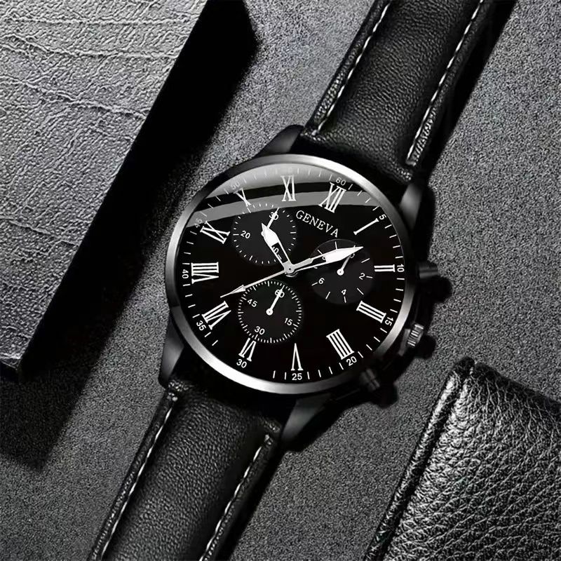 Fashion Men Watch Set gift 2 pcs / set black leather simple business mens Quartz watch with Bracelet For Men