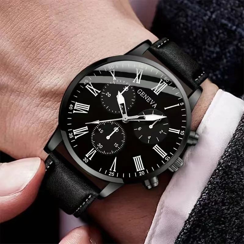 Fashion Men Watch Set gift 2 pcs / set black leather simple business mens Quartz watch with Bracelet For Men