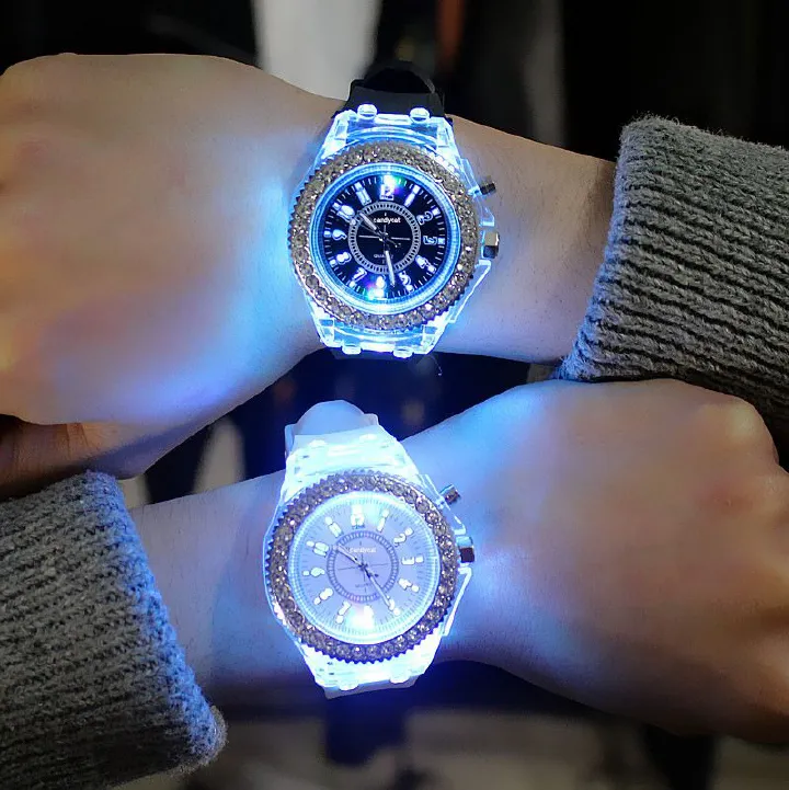 【Clearance Sale】Night glow personality water drill led Yusuku Korean fashion trend boys and girls couple jelly quartz watch
