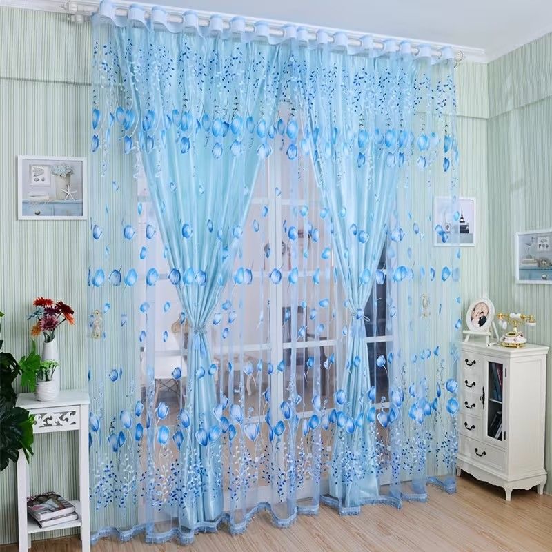 1pc Tulip Curtains Elegant Window Curtain Sheer Chiffon Drapes  Lightweight Polyester Floral Print Sheer Curtain Panel - Rod Pocket Design for Easy Hanging