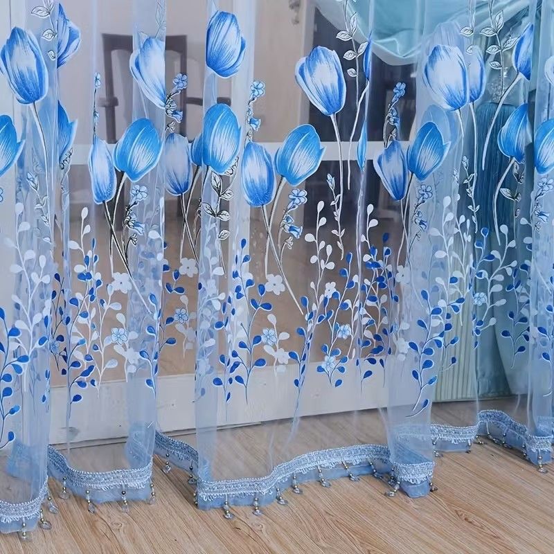 1pc Tulip Curtains Elegant Window Curtain Sheer Chiffon Drapes  Lightweight Polyester Floral Print Sheer Curtain Panel - Rod Pocket Design for Easy Hanging