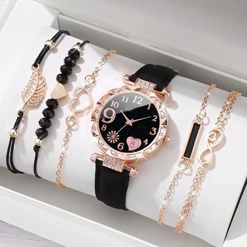 6Pcs Women's Watch Earrings Rings Necklace Bracelet Set Ladies' Butterfly Jewelry Set Women's Wristwatch Leather Strap Quartz Watch Ladies' Butterfly Watch Set
