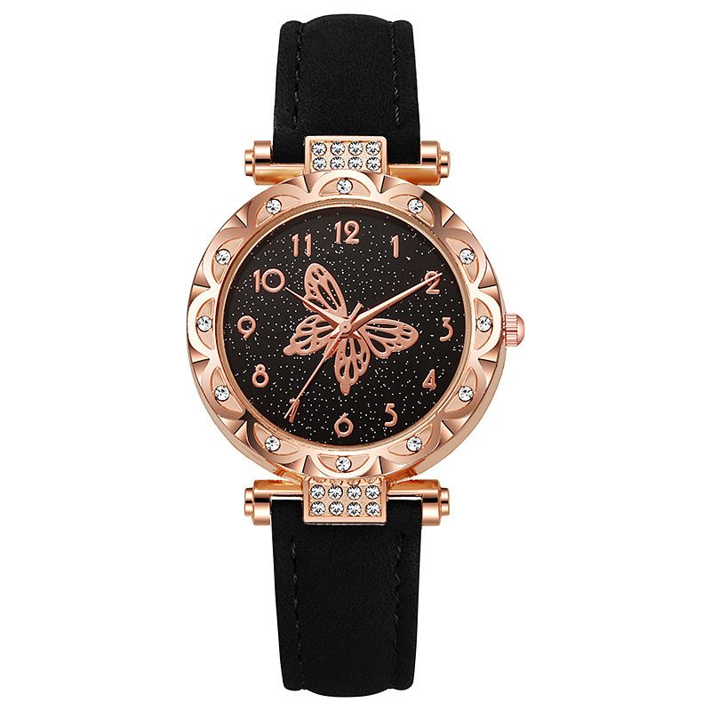 6Pcs Women's Watch Earrings Rings Necklace Bracelet Set Ladies' Butterfly Jewelry Set Women's Wristwatch Leather Strap Quartz Watch Ladies' Butterfly Watch Set