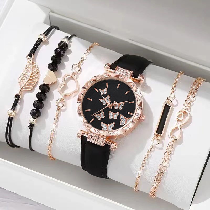 6Pcs Women's Watch Earrings Rings Necklace Bracelet Set Ladies' Butterfly Jewelry Set Women's Wristwatch Leather Strap Quartz Watch Ladies' Butterfly Watch Set