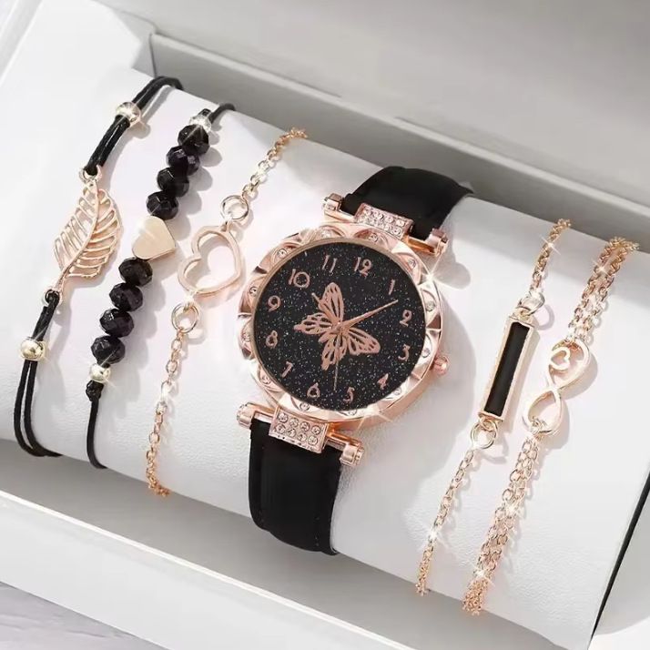 6Pcs Women's Watch Earrings Rings Necklace Bracelet Set Ladies' Butterfly Jewelry Set Women's Wristwatch Leather Strap Quartz Watch Ladies' Butterfly Watch Set