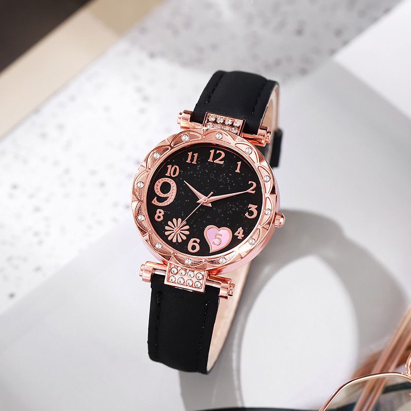 6Pcs Women's Watch Earrings Rings Necklace Bracelet Set Ladies' Butterfly Jewelry Set Women's Wristwatch Leather Strap Quartz Watch Ladies' Butterfly Watch Set