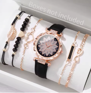 6Pcs Women's Watch Earrings Rings Necklace Bracelet Set Ladies' Butterfly Jewelry Set Women's Wristwatch Leather Strap Quartz Watch Ladies' Butterfly Watch Set