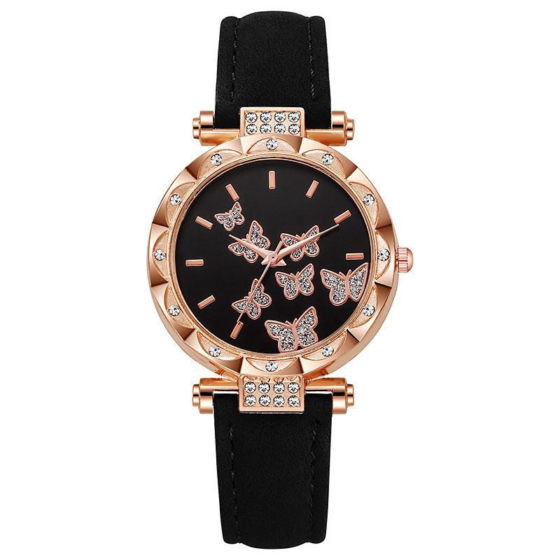 6Pcs Women's Watch Earrings Rings Necklace Bracelet Set Ladies' Butterfly Jewelry Set Women's Wristwatch Leather Strap Quartz Watch Ladies' Butterfly Watch Set