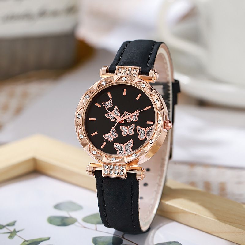 6Pcs Women's Watch Earrings Rings Necklace Bracelet Set Ladies' Butterfly Jewelry Set Women's Wristwatch Leather Strap Quartz Watch Ladies' Butterfly Watch Set