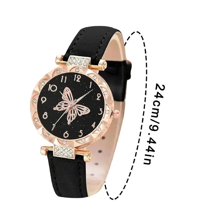 6Pcs Women's Watch Earrings Rings Necklace Bracelet Set Ladies' Butterfly Jewelry Set Women's Wristwatch Leather Strap Quartz Watch Ladies' Butterfly Watch Set