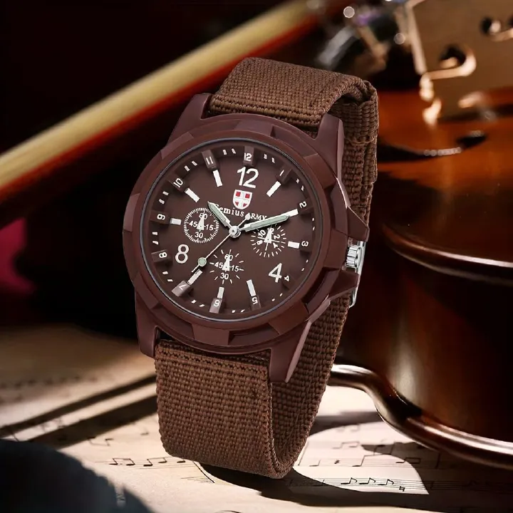 【Clearance Sale】1Pc Sporty Men'S Watch Featuring a Classic Round Dial with Arabic Numeral Markings, Available in Black, Brown, And Green Woven Straps