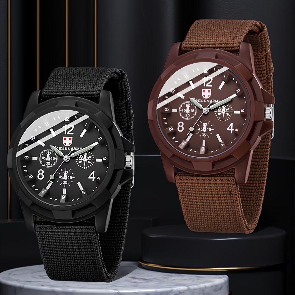 【Clearance Sale】1Pc Sporty Men'S Watch Featuring a Classic Round Dial with Arabic Numeral Markings, Available in Black, Brown, And Green Woven Straps