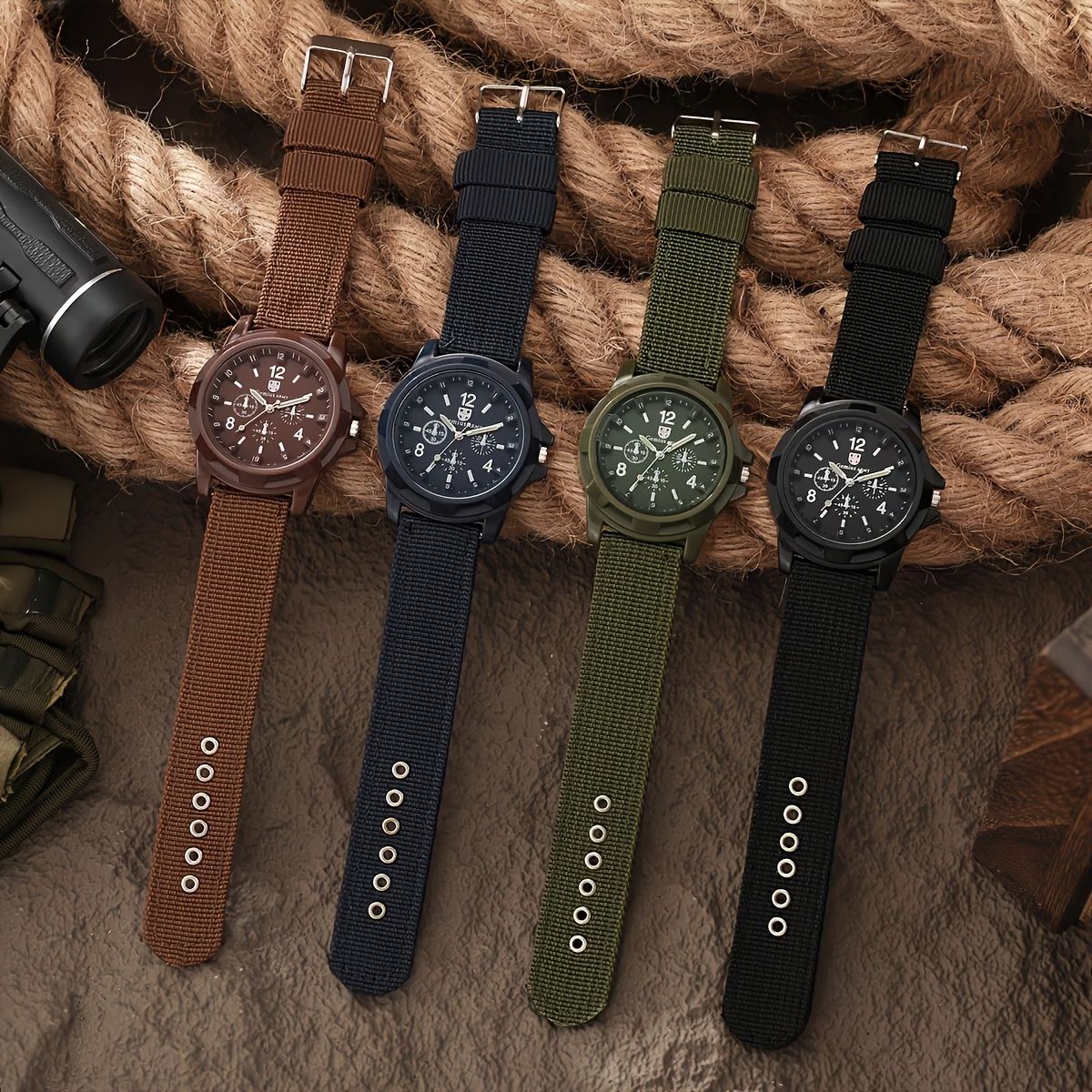 【Clearance Sale】1Pc Sporty Men'S Watch Featuring a Classic Round Dial with Arabic Numeral Markings, Available in Black, Brown, And Green Woven Straps