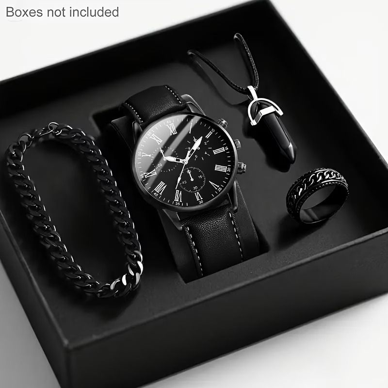 4pcs Fashion Men's Trendy Round Quartz Watch + Avant-Garde Pendant Necklace, Ring & Bracelet Jewelry Set for Valentine's, Easter, , Birthday Christmas Gift to Friends Family