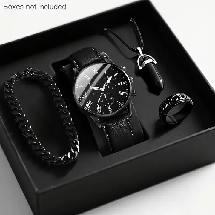 4pcs Fashion Men's Trendy Round Quartz Watch + Avant-Garde Pendant Necklace, Ring & Bracelet Jewelry Set for Valentine's, Easter, , Birthday Christmas Gift to Friends Family