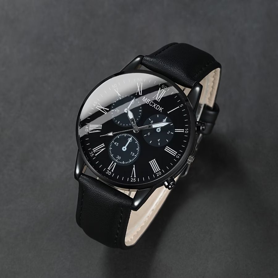 4pcs Fashion Men's Trendy Round Quartz Watch + Avant-Garde Pendant Necklace, Ring & Bracelet Jewelry Set for Valentine's, Easter, , Birthday Christmas Gift to Friends Family