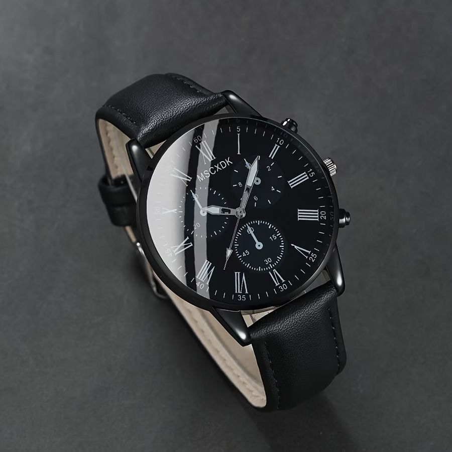 4pcs Fashion Men's Trendy Round Quartz Watch + Avant-Garde Pendant Necklace, Ring & Bracelet Jewelry Set for Valentine's, Easter, , Birthday Christmas Gift to Friends Family