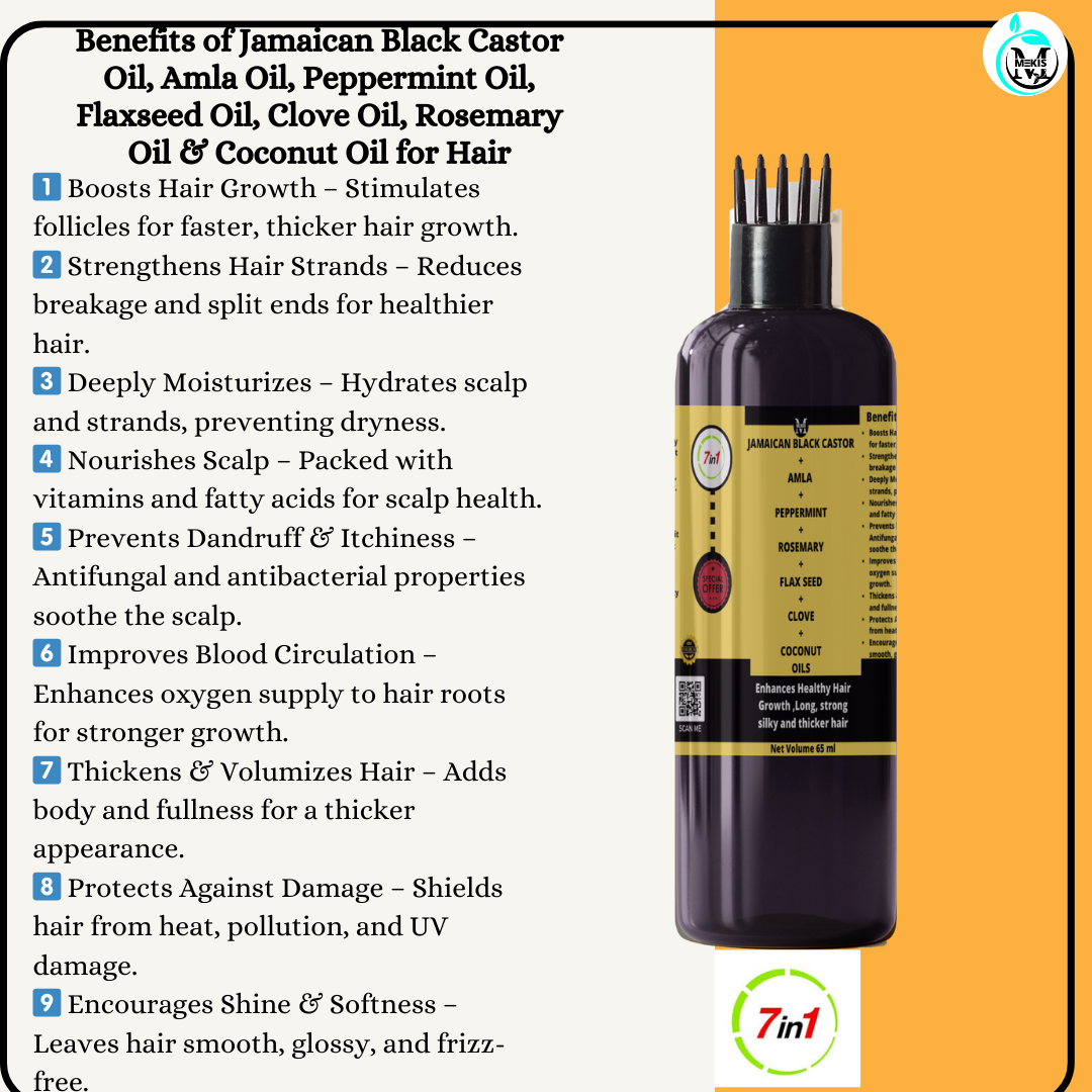 Jamaican Black Castor Oil, Amla Oil, Peppermint Oil, Flaxseed Oil, Clove Oil, Rosemary Oil & Coconut  Blended  Oils