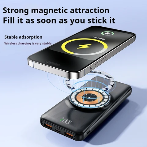30000mAh Super Fast Charging Magnetic Suction Wireless Charger with LED Display Micro USB Input Interface portable fast charging powerbank (wireless charging applies only to compatible devices)
