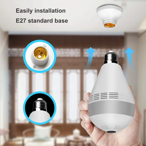 WiFi CCTV bulb camera Full HD With 1080P Resolution nanny bulb camera with motion detection, 2way communication, wireless surveillance, wide angle 360-Degree Panoramic Fisheye ,easy installation camer