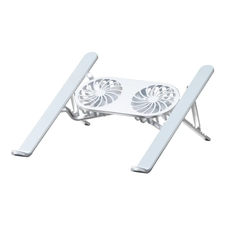 Aluminum laptop stand with dual cooling fans foldable small size portable Laptop stand with 2 efficient fast cooling fans to enhance your laptop speed and life ,the laptop stand reliefs neck pain