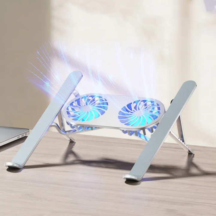 Aluminum laptop stand with dual cooling fans foldable small size portable Laptop stand with 2 efficient fast cooling fans to enhance your laptop speed and life ,the laptop stand reliefs neck pain