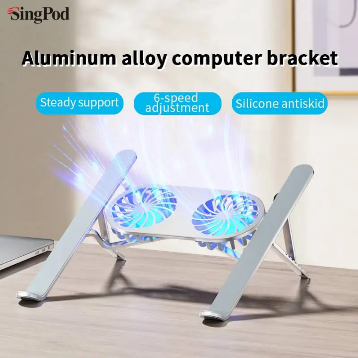 Aluminum laptop stand with dual cooling fans foldable small size portable Laptop stand with 2 efficient fast cooling fans to enhance your laptop speed and life ,the laptop stand reliefs neck pain