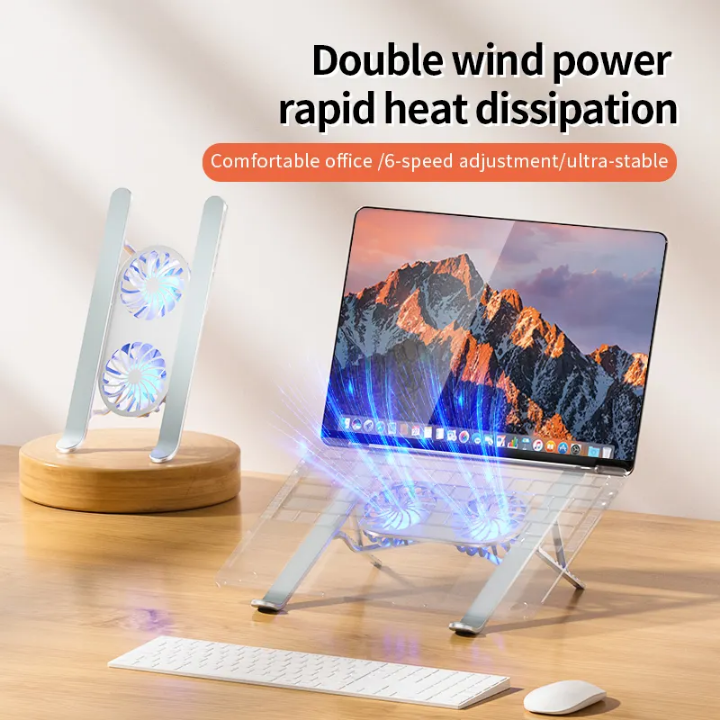 Aluminum laptop stand with dual cooling fans foldable small size portable Laptop stand with 2 efficient fast cooling fans to enhance your laptop speed and life ,the laptop stand reliefs neck pain