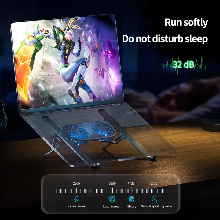 Aluminum laptop stand with dual cooling fans foldable small size portable Laptop stand with 2 efficient fast cooling fans to enhance your laptop speed and life ,the laptop stand reliefs neck pain
