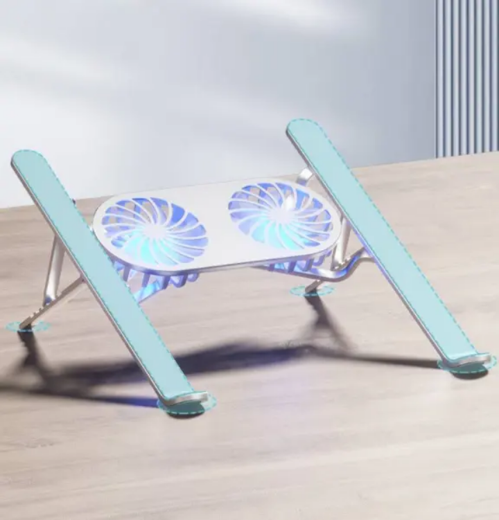 Aluminum laptop stand with dual cooling fans foldable small size portable Laptop stand with 2 efficient fast cooling fans to enhance your laptop speed and life ,the laptop stand reliefs neck pain
