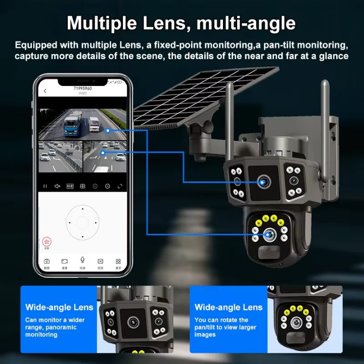 4G dual lens solar CCTV camera 4G Solar CCTV camera high quality CCTV camera Simcard with motion tracking, siren, two way Talking, live viewing, text notifications, full color videos waterproof