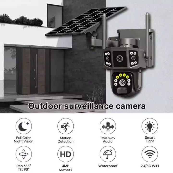 4G dual lens solar CCTV camera 4G Solar CCTV camera high quality CCTV camera Simcard with motion tracking, siren, two way Talking, live viewing, text notifications, full color videos waterproof