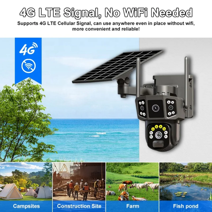 4G dual lens solar CCTV camera 4G Solar CCTV camera high quality CCTV camera Simcard with motion tracking, siren, two way Talking, live viewing, text notifications, full color videos waterproof