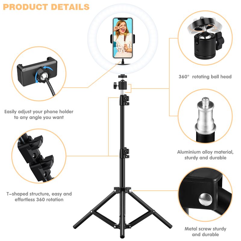 10 Inch Ring Light With 7ft (210CM) Tripod Stand for live streaming,make up application,vlogging,tiktok Ring Light with Stand and Phone Holder GerTong Selfie Ringlight with Tripod and Desk Stand