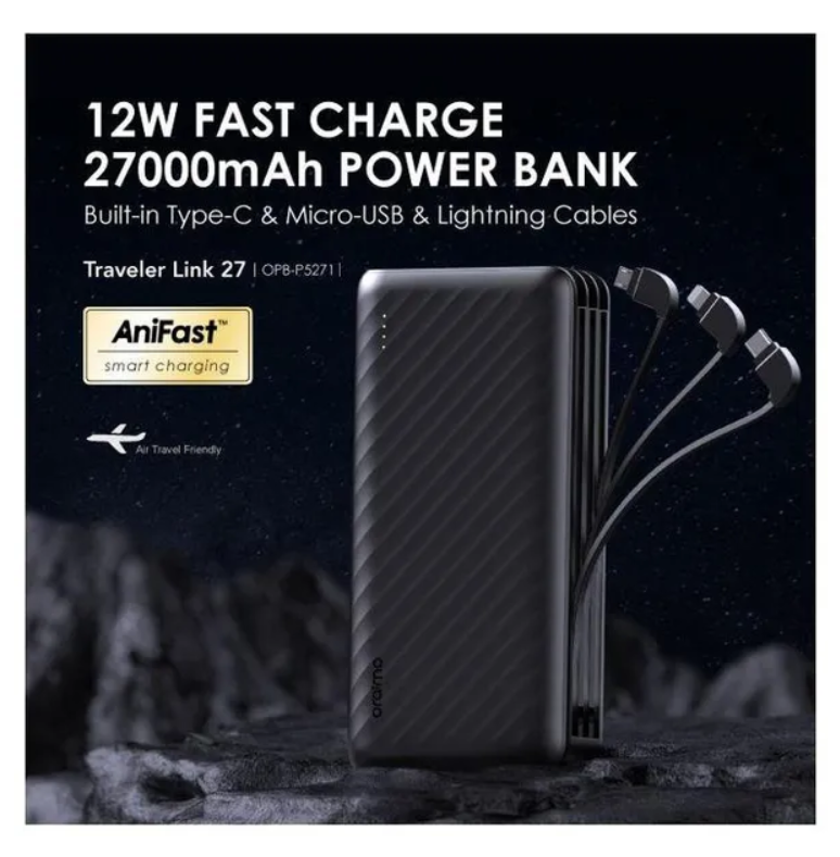 oraimo Traveler Link 27 27000mAh 12W Power Bank 2.4A Max,Fast Charging with 3 Built-in Charging Cables &
LED Torch