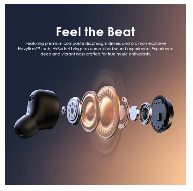 oraimo AirBuds 4 ENC True Wireless Earbuds with 38 hours playtime, IPX4 Waterproof & Sweatproof & powerful deeper bass