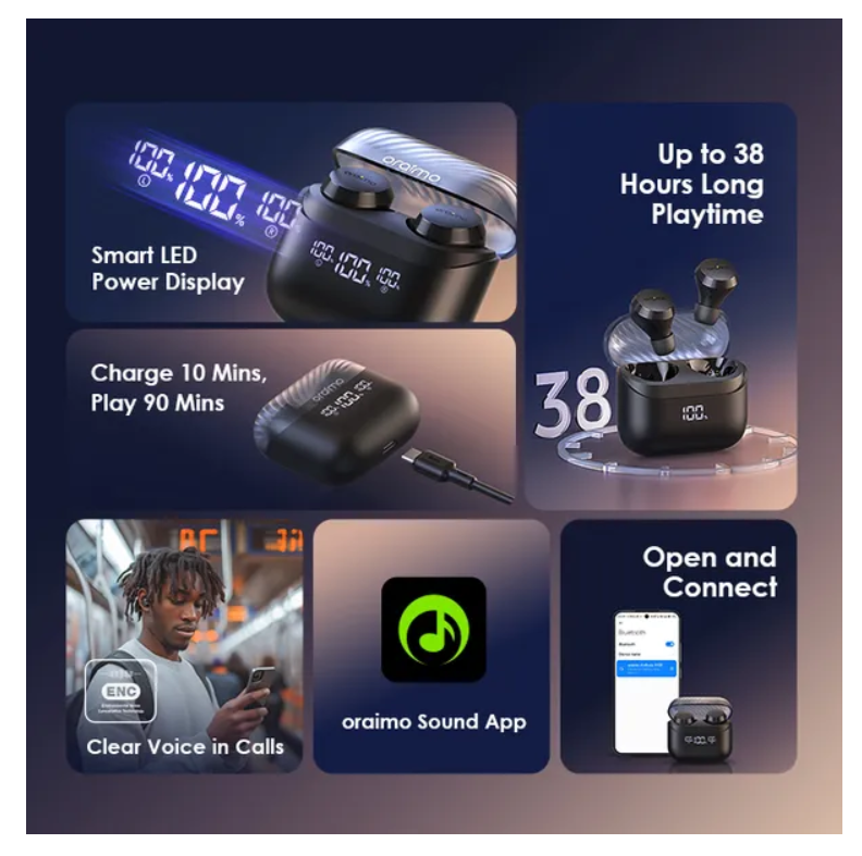 oraimo AirBuds 4 ENC True Wireless Earbuds with 38 hours playtime, IPX4 Waterproof & Sweatproof & powerful deeper bass