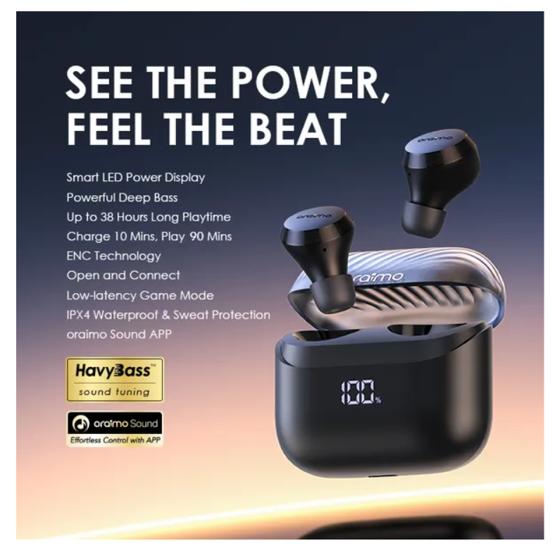 oraimo AirBuds 4 ENC True Wireless Earbuds with 38 hours playtime, IPX4 Waterproof & Sweatproof & powerful deeper bass