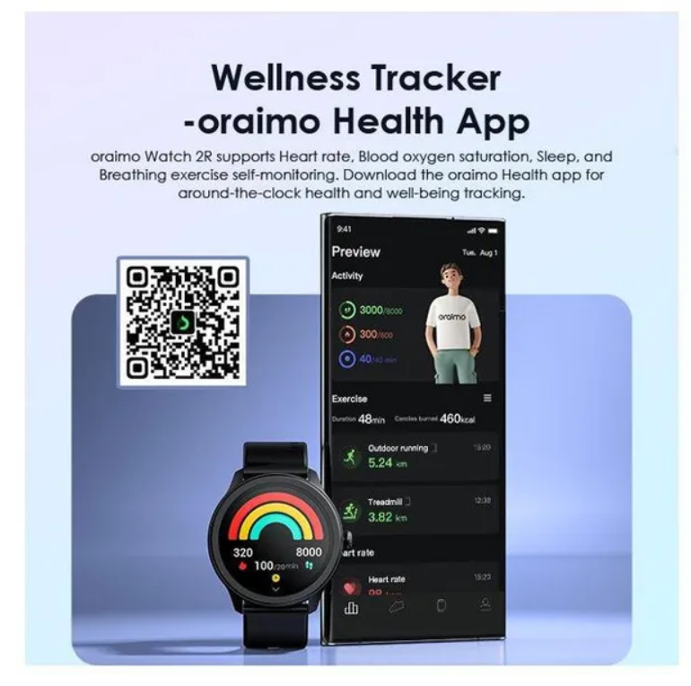 oraimo Watch 2R 1.39" TFT IP68 Smart Watch with  Bluetooth Call 7 Days Battery Life, 24 hour health monitoring and 1 year Warranty
