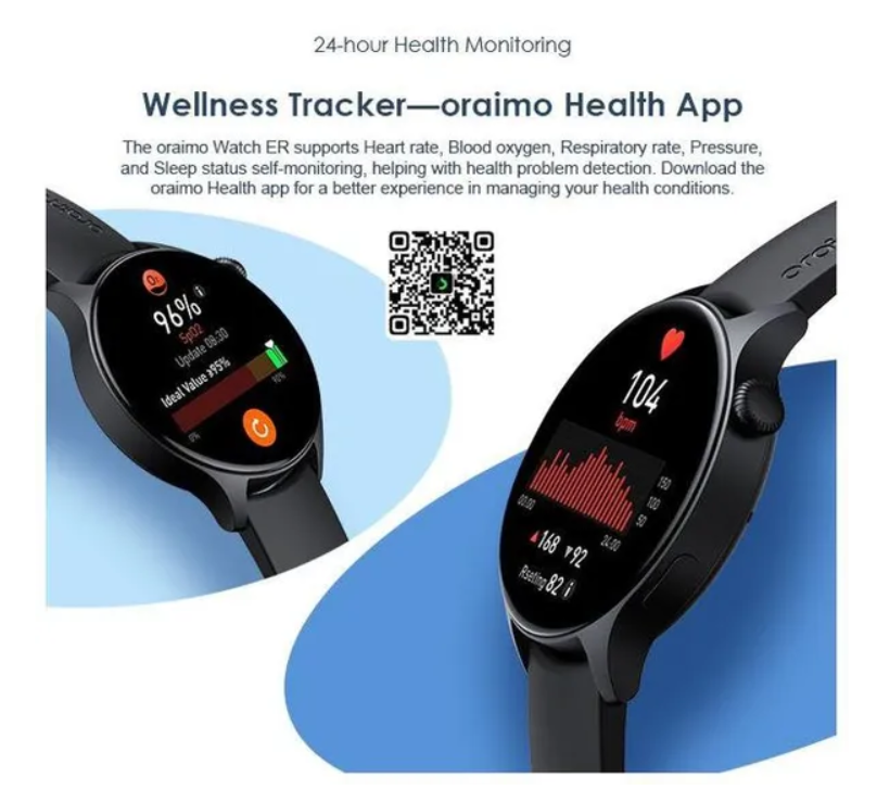 oraimo Watch ER 1.43'' AMOLED IP68 Smart Watch with Bluetooth Call,
7 Days Battery Life, 100+ Sports Modes & 24-hour Health Monitoring