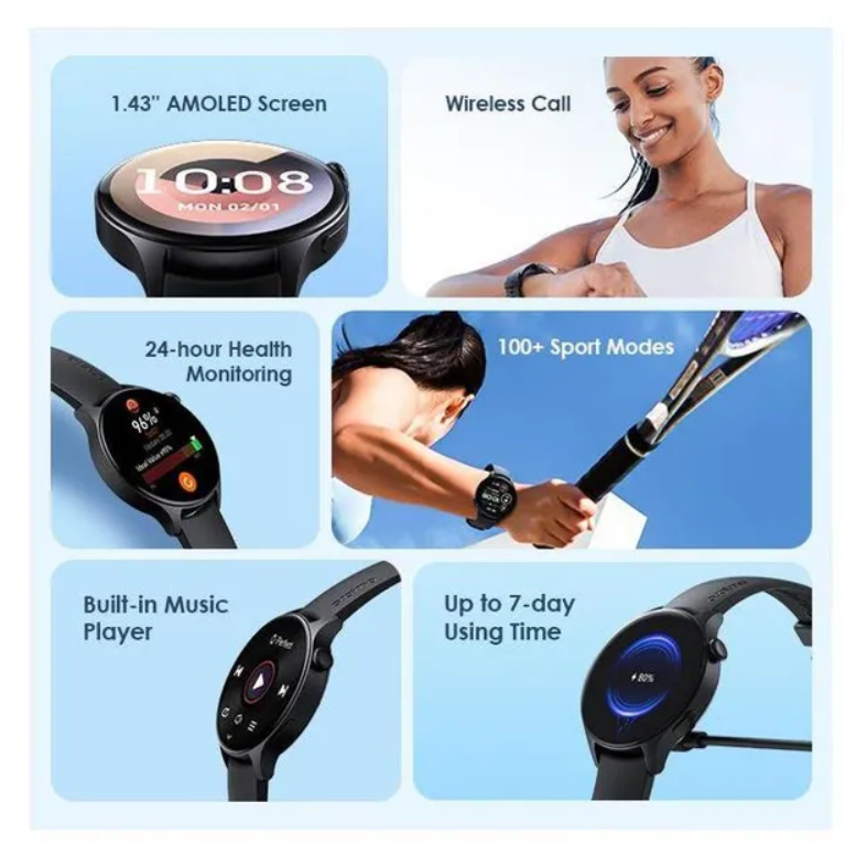 oraimo Watch ER 1.43'' AMOLED IP68 Smart Watch with Bluetooth Call,
7 Days Battery Life, 100+ Sports Modes & 24-hour Health Monitoring