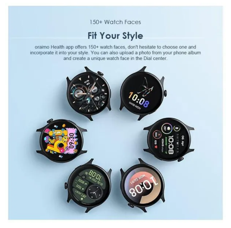 oraimo Watch ER 1.43'' AMOLED IP68 Smart Watch with Bluetooth Call,
7 Days Battery Life, 100+ Sports Modes & 24-hour Health Monitoring