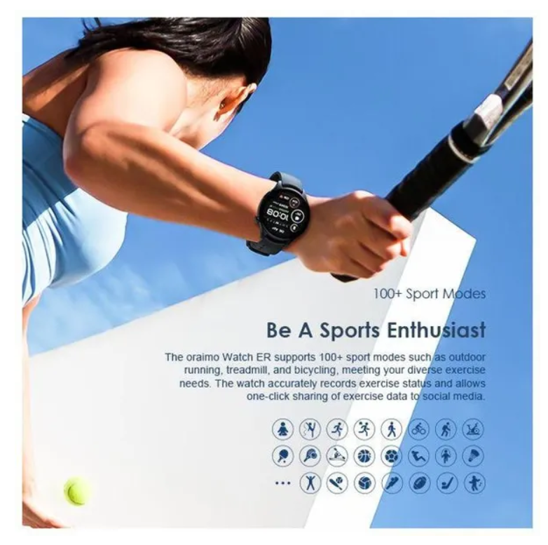 oraimo Watch ER 1.43'' AMOLED IP68 Smart Watch with Bluetooth Call,
7 Days Battery Life, 100+ Sports Modes & 24-hour Health Monitoring