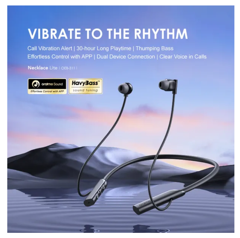 oraimo Necklace Lite Call Vibration Wireless Headphones with 30Hr Playtime (Lights On), Dual-device Connectivity & Noise Cancellation in Calls