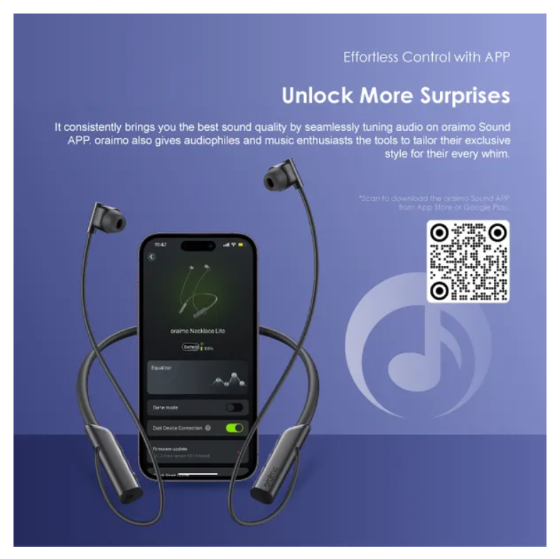 oraimo Necklace Lite Call Vibration Wireless Headphones with 30Hr Playtime (Lights On), Dual-device Connectivity & Noise Cancellation in Calls